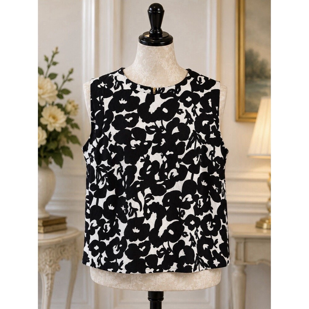 Katherine Barclay Montreal S Black White Floral Sleeveless Top 36” Bust 19” L